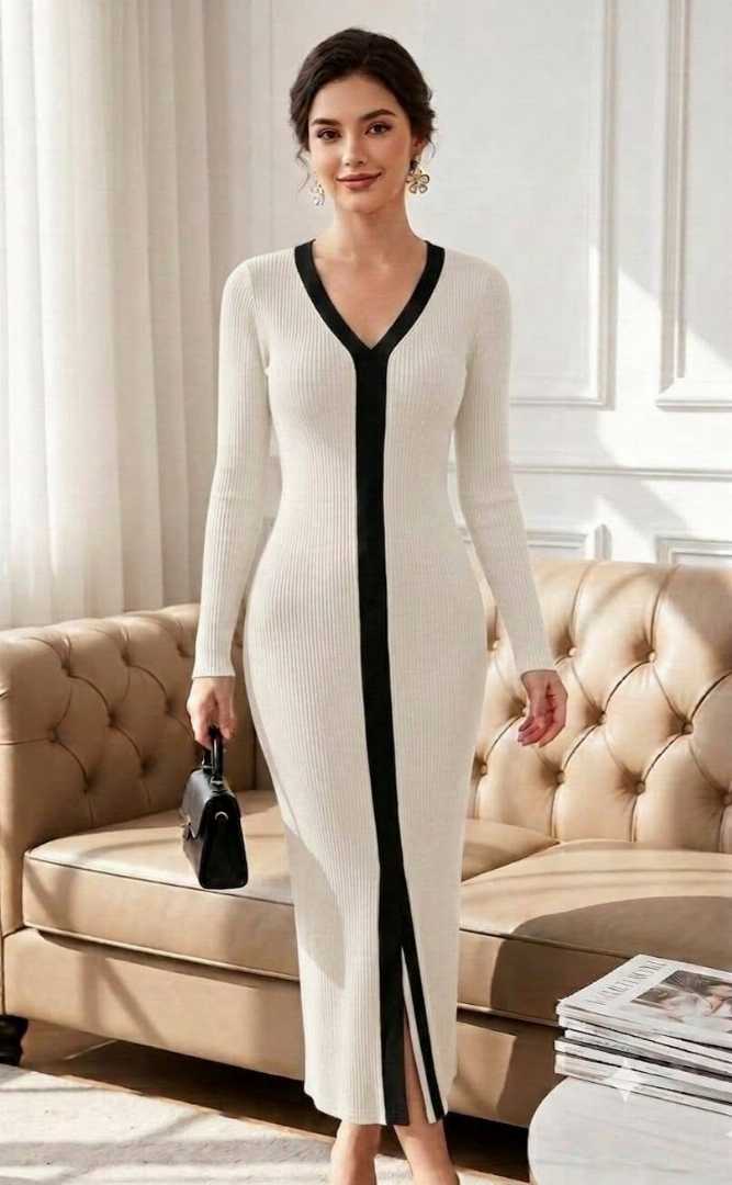 Ribbed,Roll,Neck,Sleeve,Less,Midi,Dress,Bodycon,Dress